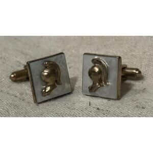 Vintage Gold Tone And Faux Mother Of Pearl Knights Helmet Cufflinks